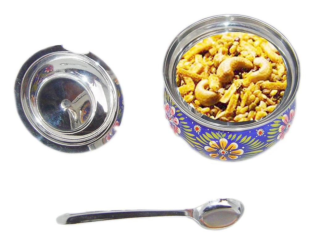 Stainless Steel Decorated Bowl with lid and Spoon for Tea and Sugar Storage Bowl (Blue, Pack of 2)