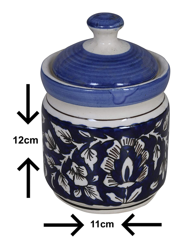 RAJ ROYAL Ceramic Corinchon Storage Jar Container with Lid - Pottery Dry Food Storage Canister Color - Blue, Cornichon Jar - Size: 11x11x12 cm, Capacity-500 Gram