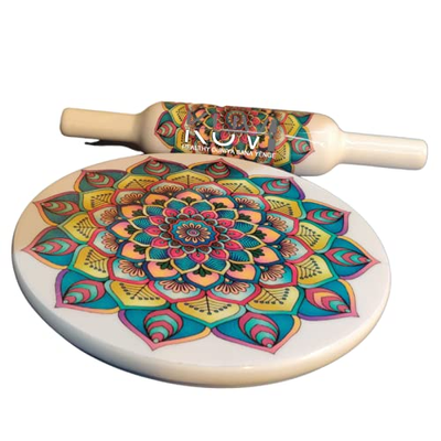 KUVI Printed White Marble Roti Maker with Wooden Belan Enamel Print/White Marble Chakla 10 Inch Diameter with Belan (Printed Enamel Chakla Belan) (Design 3)