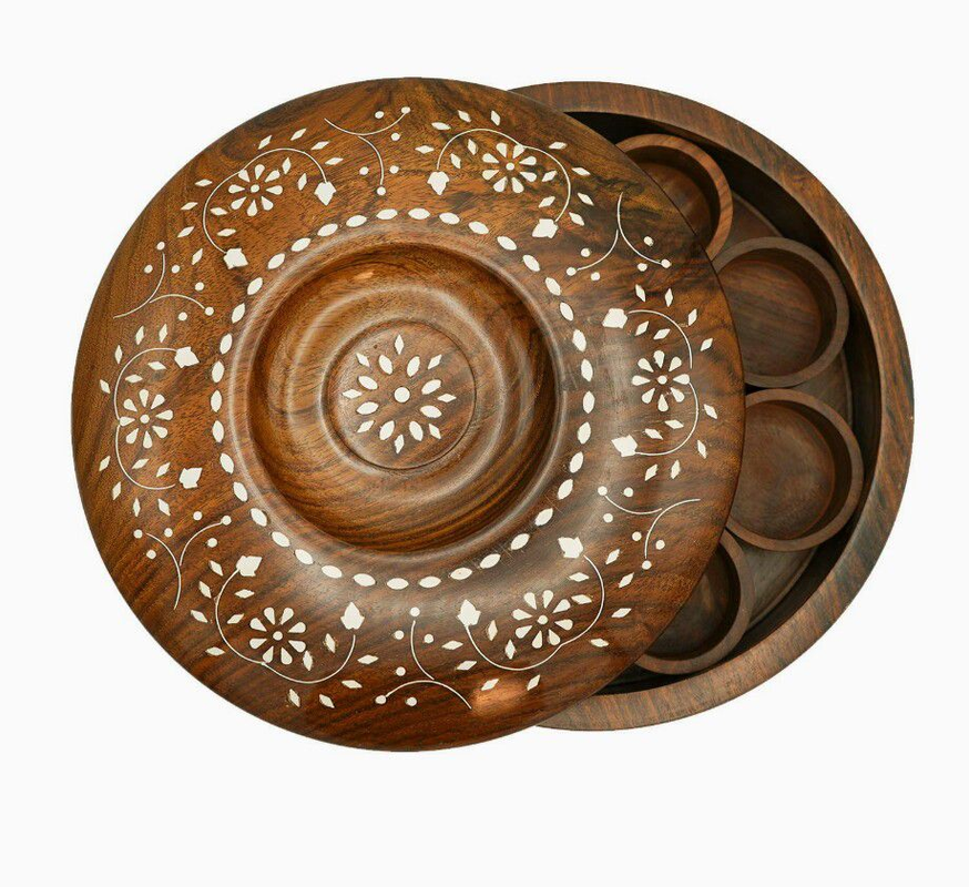 Handmade Sheesham Wood Masala Box With Beautiful White Work ll Big Size