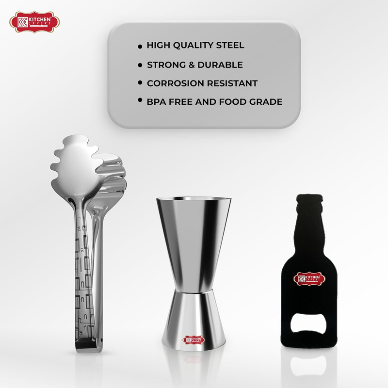Stainless Steel Barware Accessories | Set of 3 | Ice Tong/Double Sided Peg Measure/Black Matte Bottle Opener