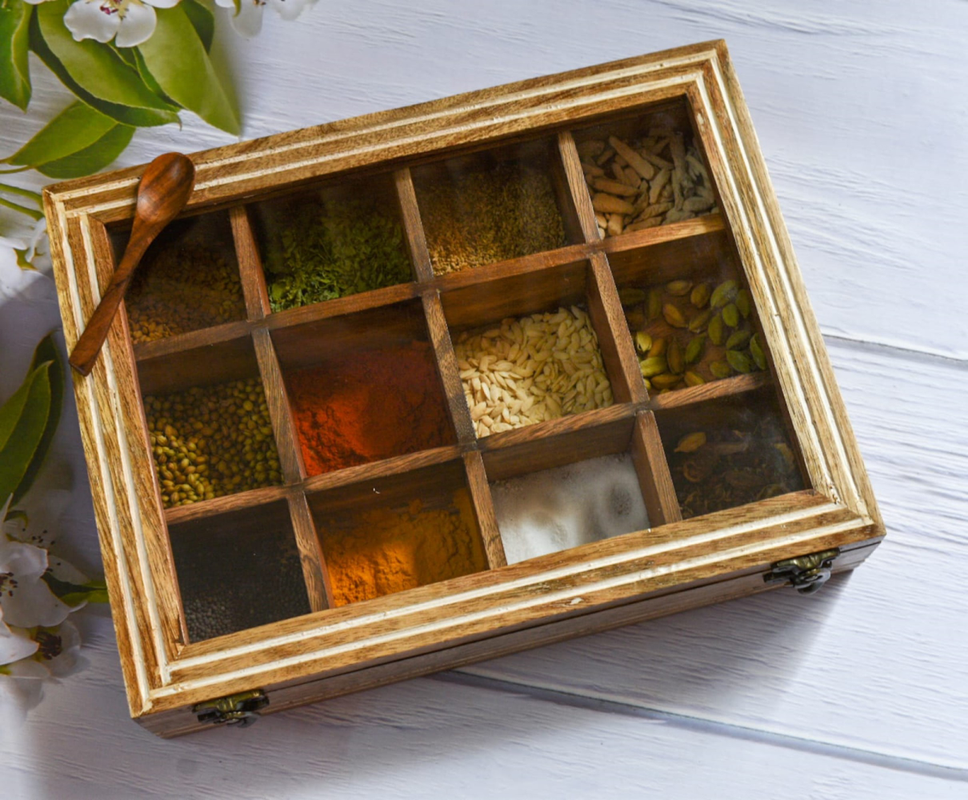 Indian Wooden Spice Box /Mango Wood Spice Boxes Housewarming Gift, Mother’s Day Gift "MADE IN INDIA"- 12 container